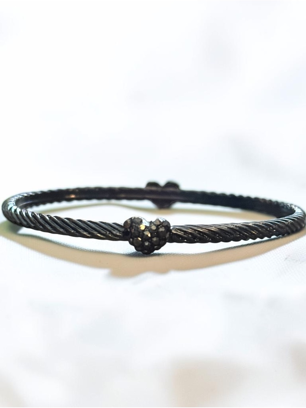 Gunmetal silver pave hearts twisted cable bangle bracelet